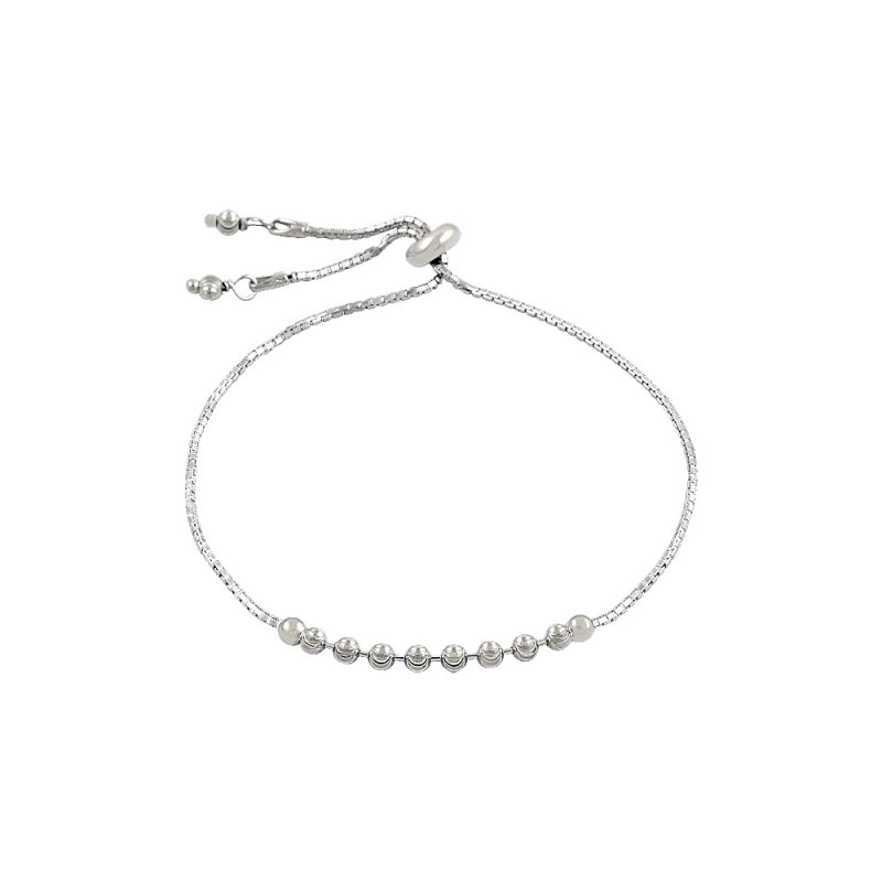 Rhodium Plated Moon Cut Bead Adjustable Sliding Bracelet - B81911