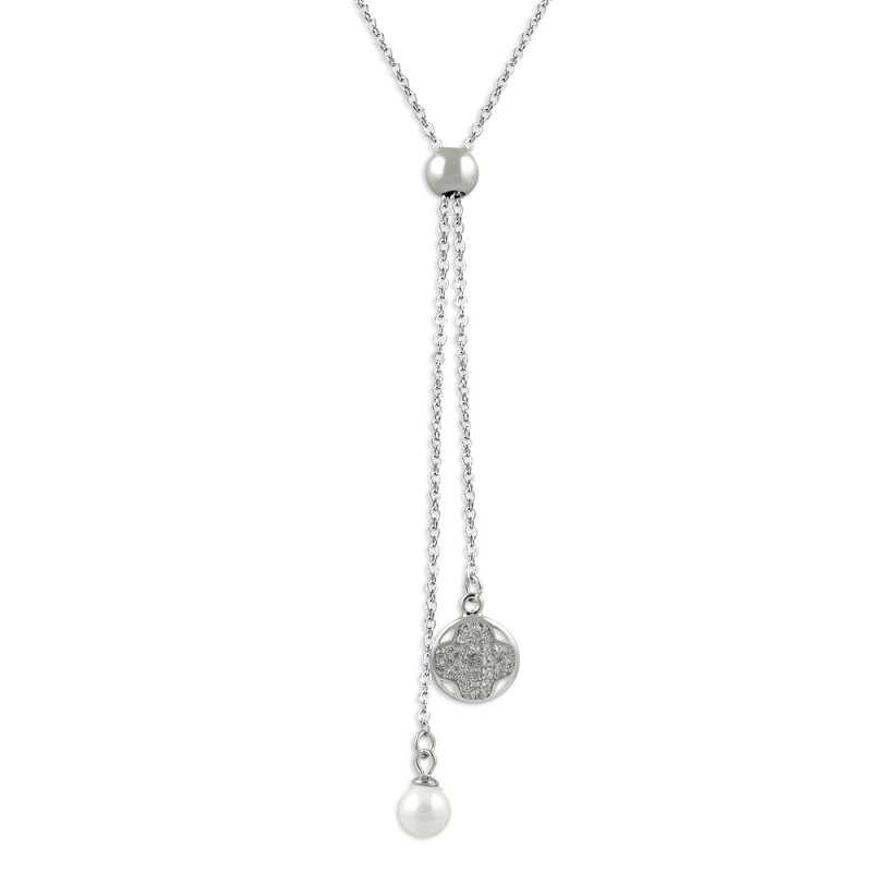 Rhodium Plated  Pearl & CZ Necklace - N14277