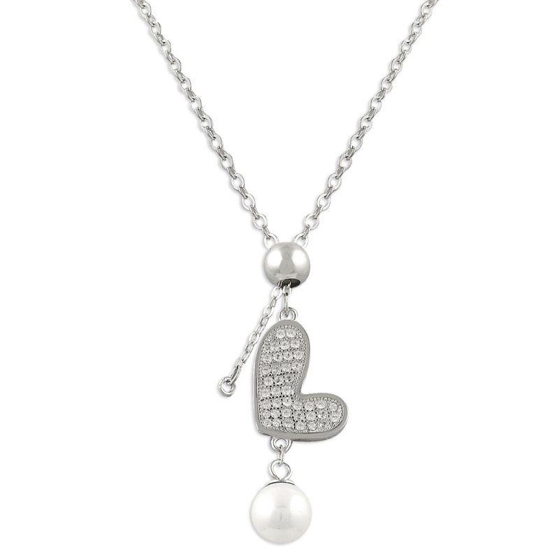 Rhodium Plated Pearl & CZ Heart Necklace - N14270