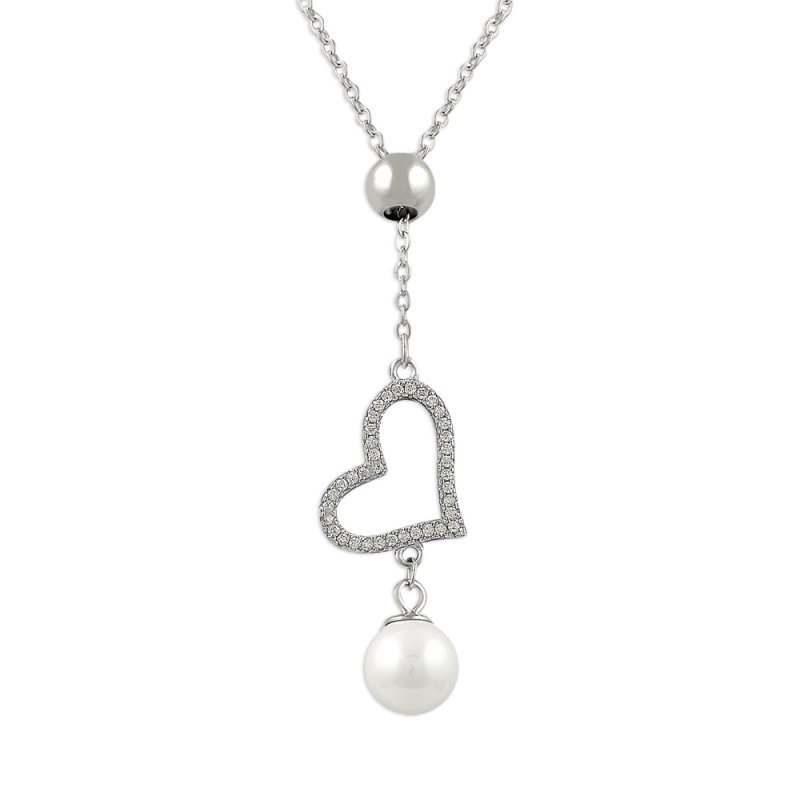 Rhodium Plated Pearl & CZ Necklace - N14263