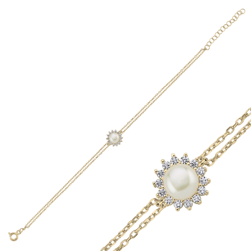 Halo Solitaire Pearl & CZ Bracelet - B100008