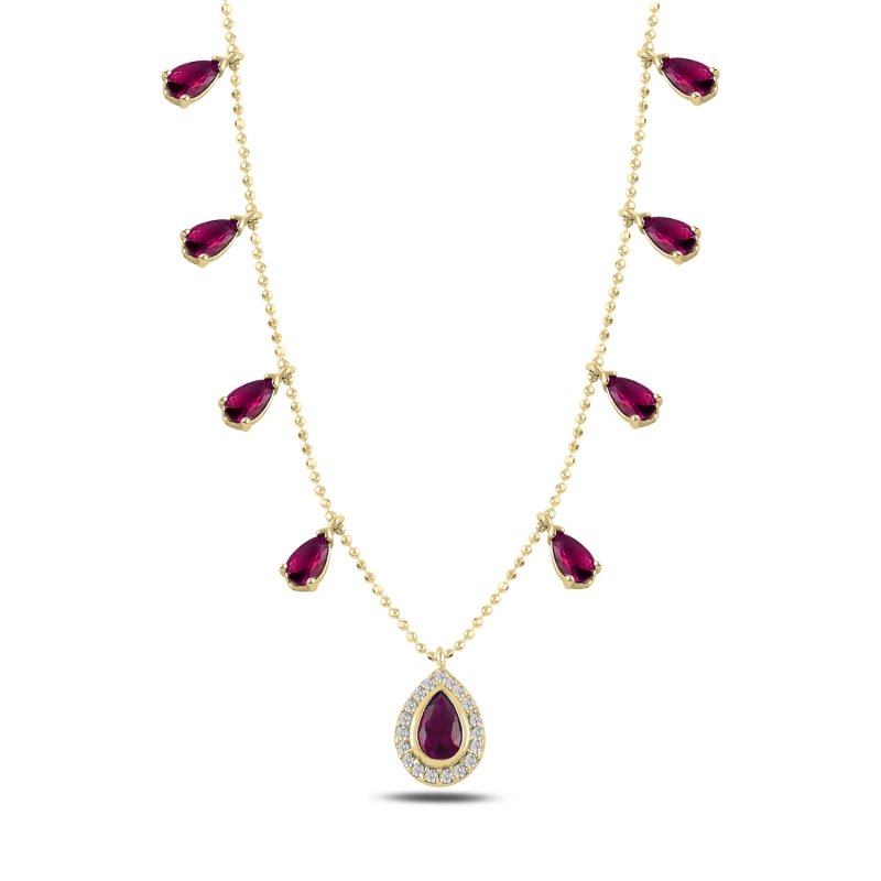 Teardrop Ruby CZ Dangle Charm Necklace - N100193