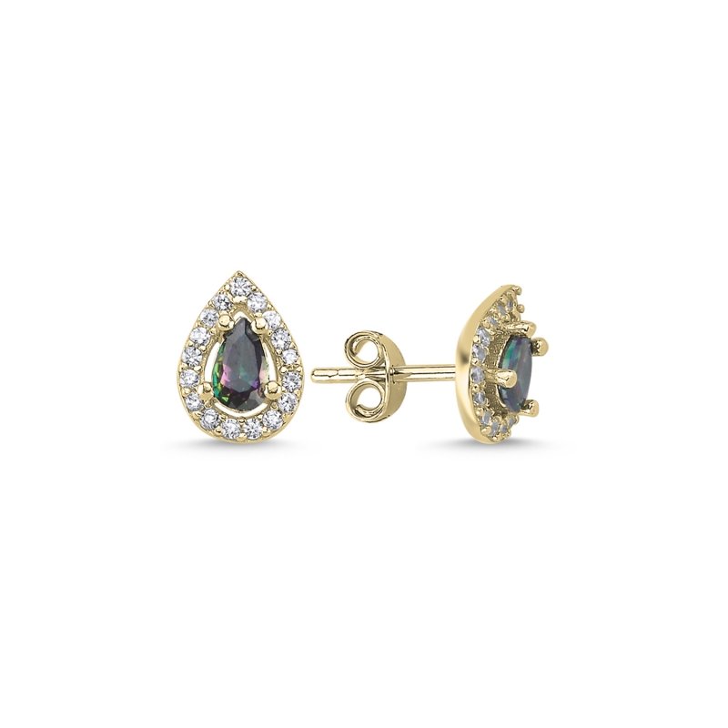 Halo Solitaire Teardrop Mystic Topaz CZ Stud Earrings - E101157