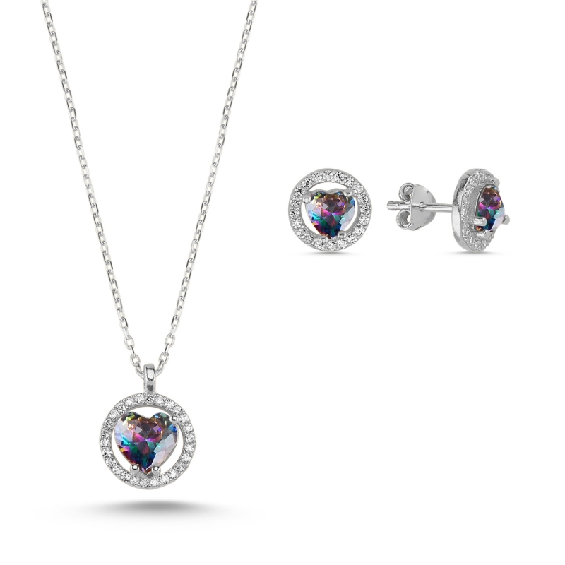 Heart Mystic Topaz CZ Halo Solitaire Set - S101164
