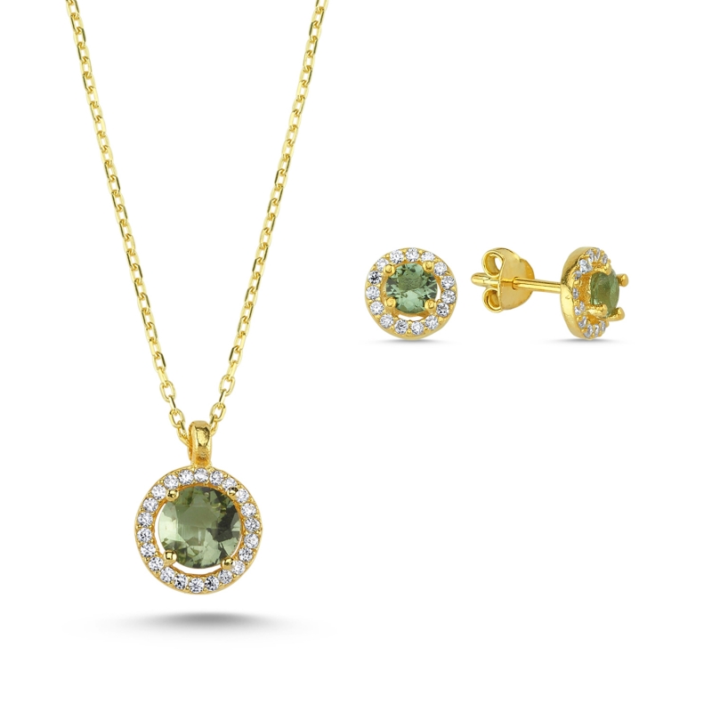 Yuvarlak Sultanit Zirkon Taşlı Halo Tektaş Set - S101583