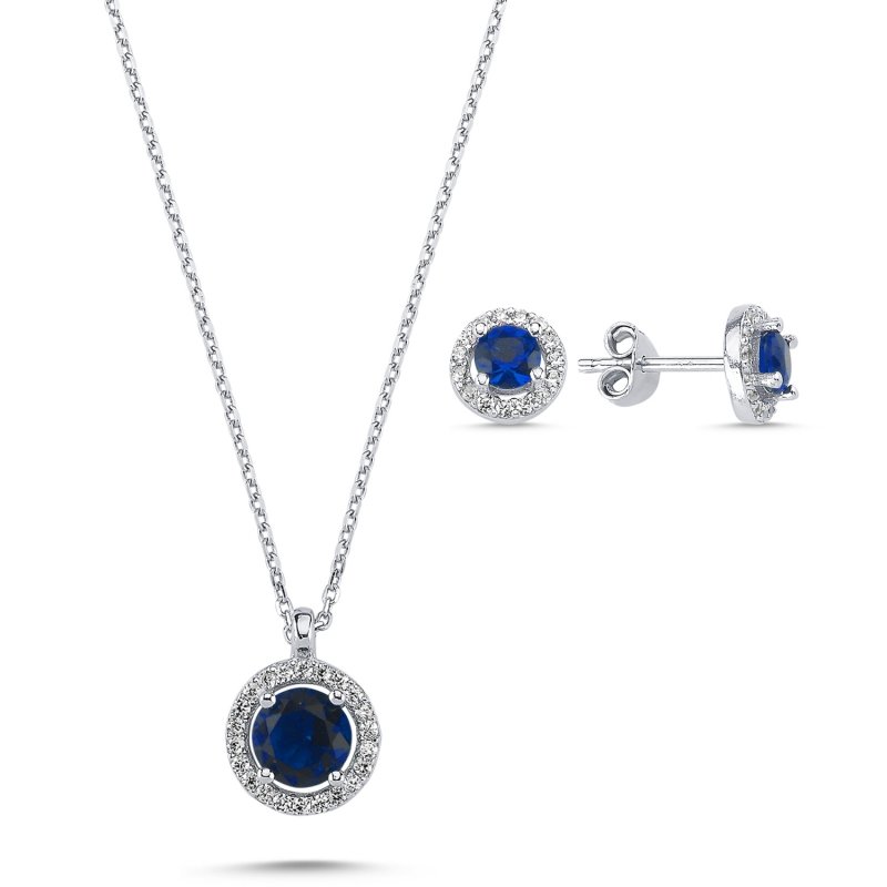 Round Sapphire CZ Halo Solitaire Set - S102116