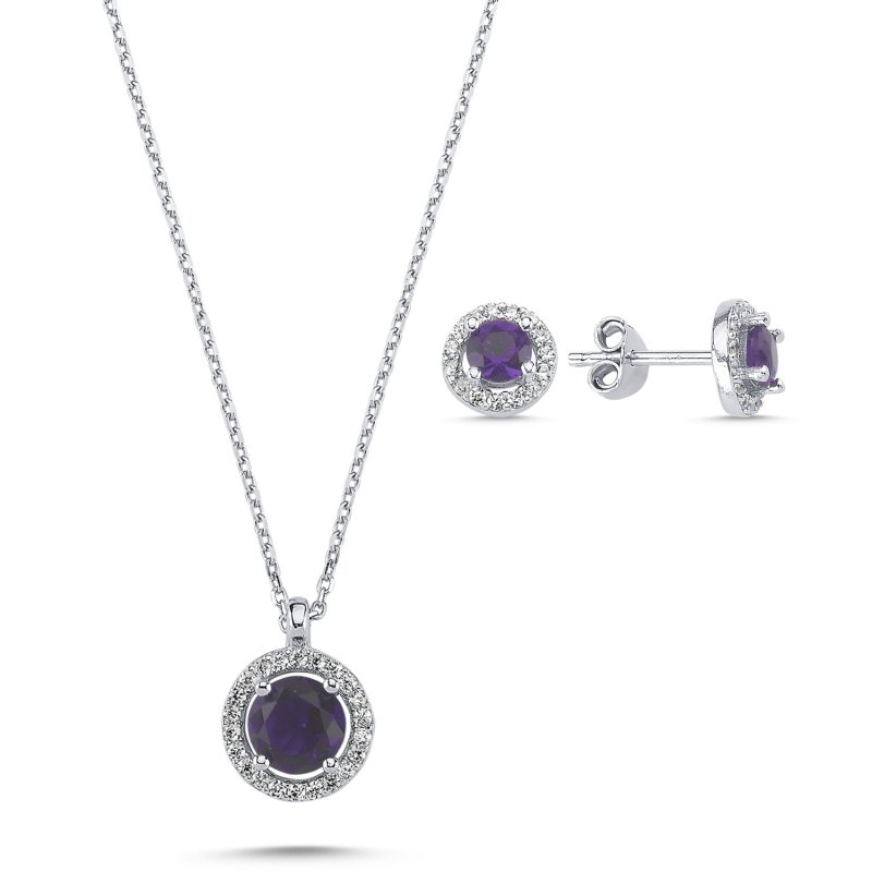 Round Amethyst CZ Halo Solitaire Set - S102117