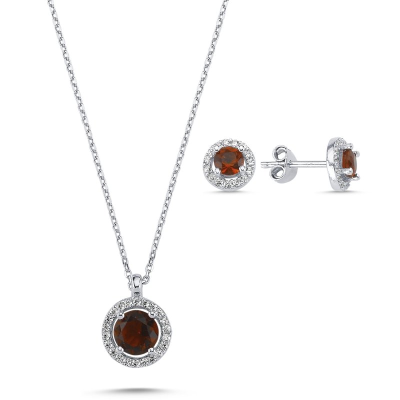 Round Garnet CZ Halo Solitaire Set - S102118