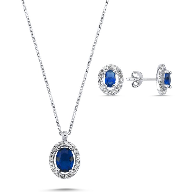 Oval Sapphire CZ Halo Solitaire Set - S102123