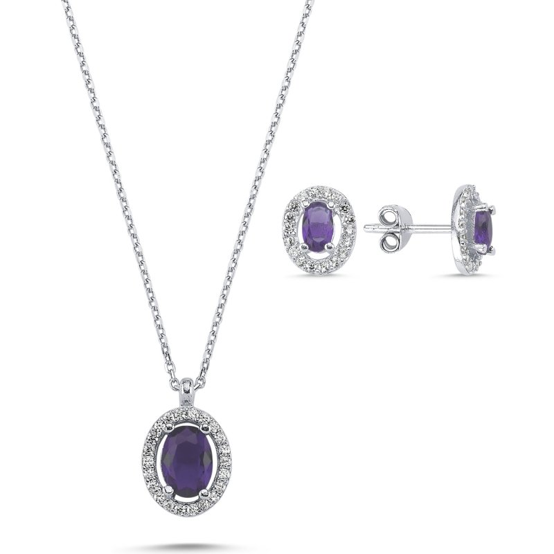 Oval Amethyst CZ Halo Solitaire Set - S102124