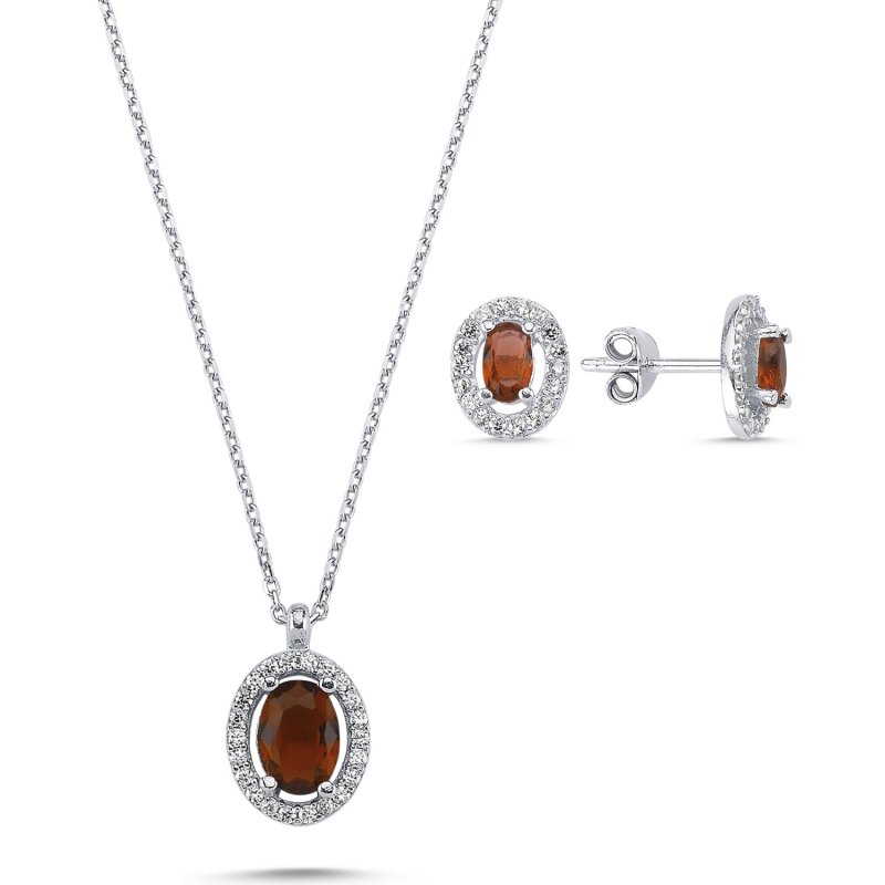 Oval Garnet CZ Halo Solitaire Set - S102125