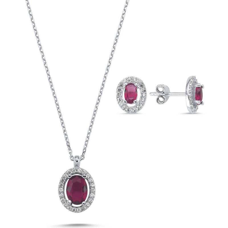 Oval Ruby CZ Halo Solitaire Set - S102126