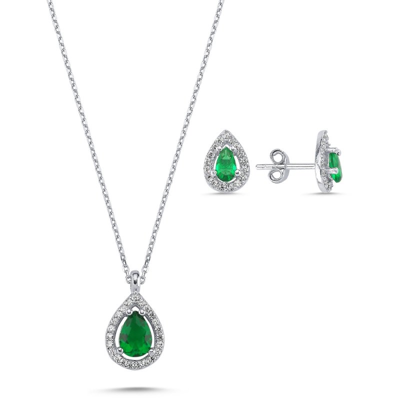 Teardrop Emerald CZ Halo Solitaire Set - S102129