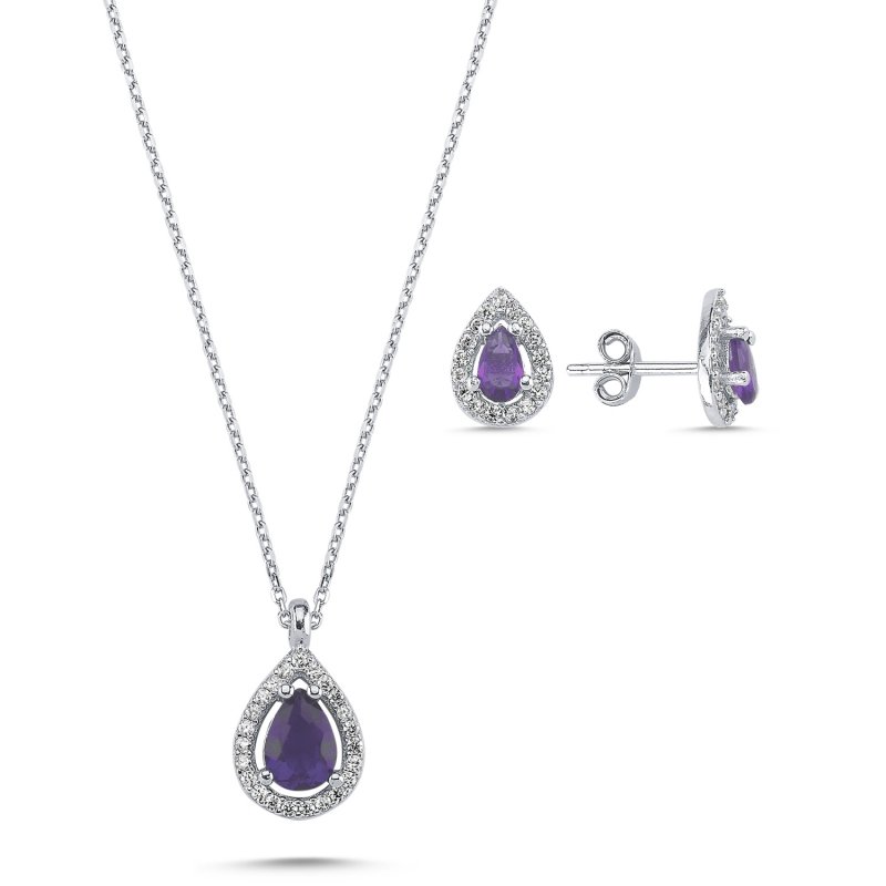 Teardrop Amethyst CZ Halo Solitaire Set - S102131