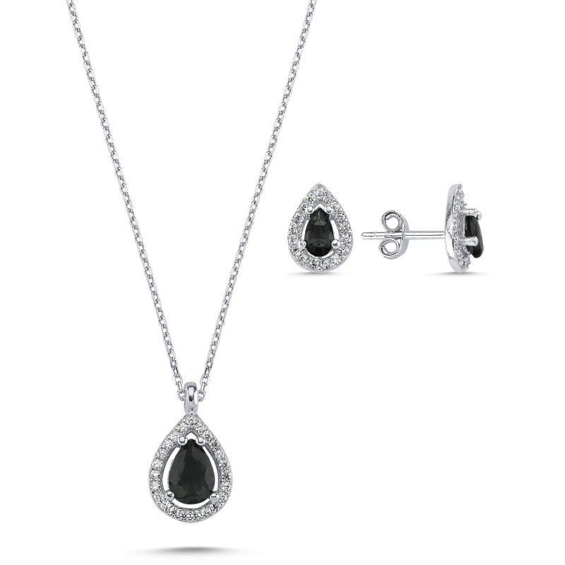 Teardrop Black CZ Halo Solitaire Set - S102135