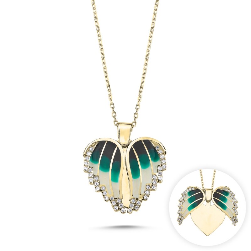 Wings & Heart Enamel, CZ Movable Necklace - N102166