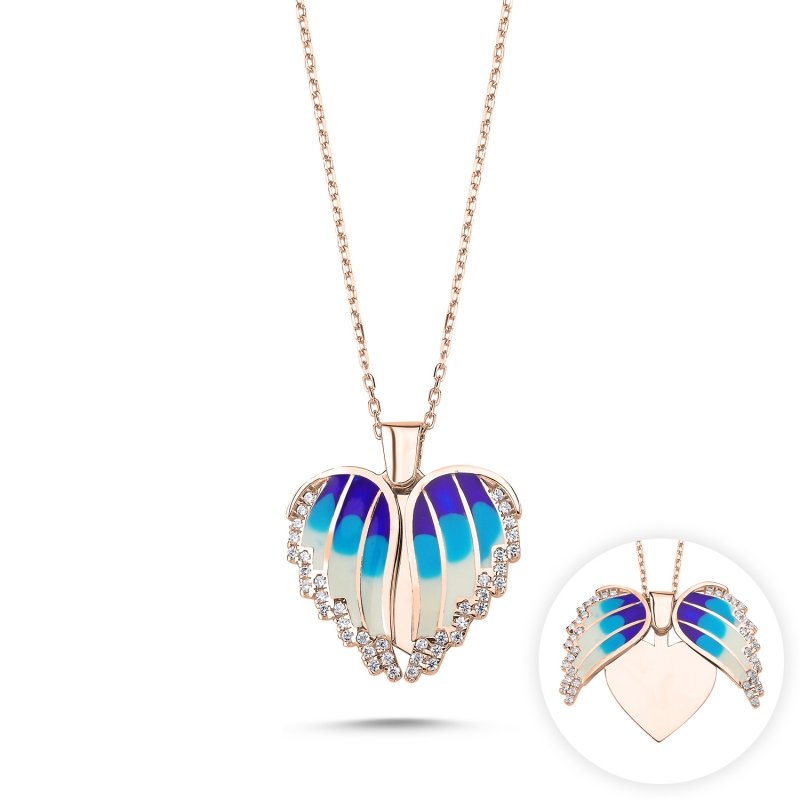 Wings & Heart Enamel, CZ Movable Necklace - N102168