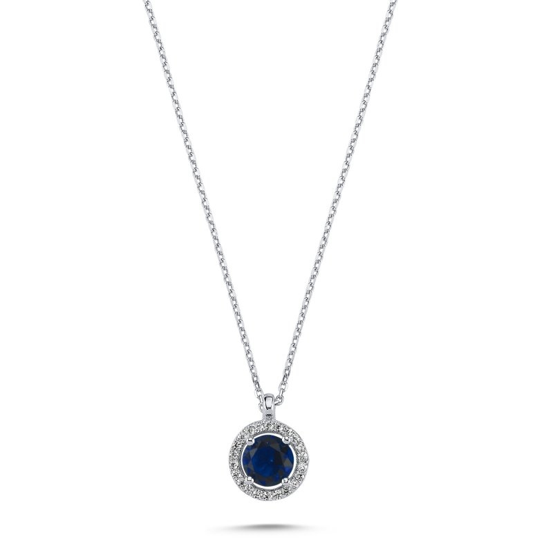 Round Sapphire CZ Halo Solitaire Necklace - N102289
