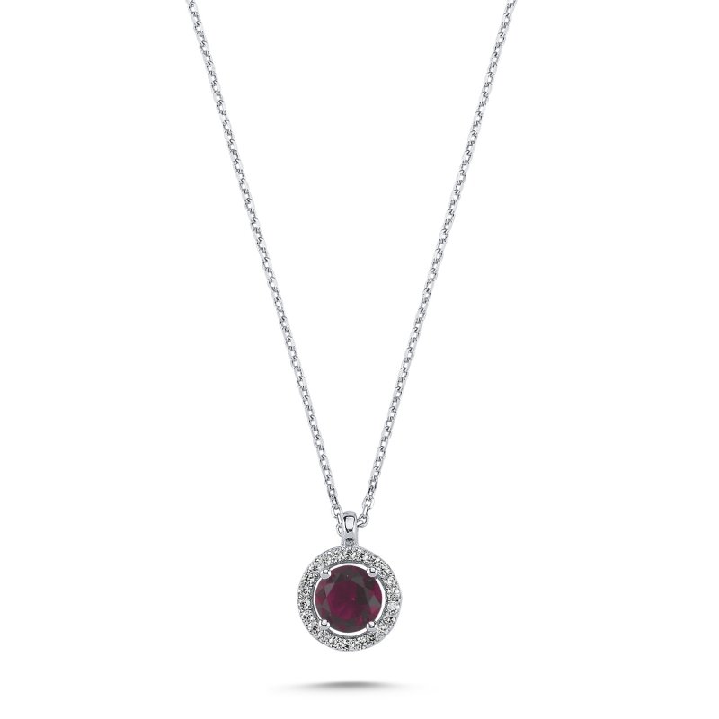 Round Ruby CZ Halo Solitaire Necklace - N102292