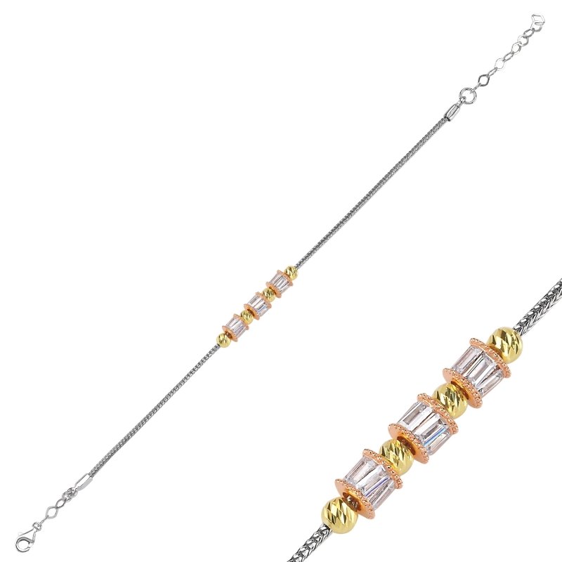 Diamond Cut Ball Tricolor & CZ Bracelet - B102343
