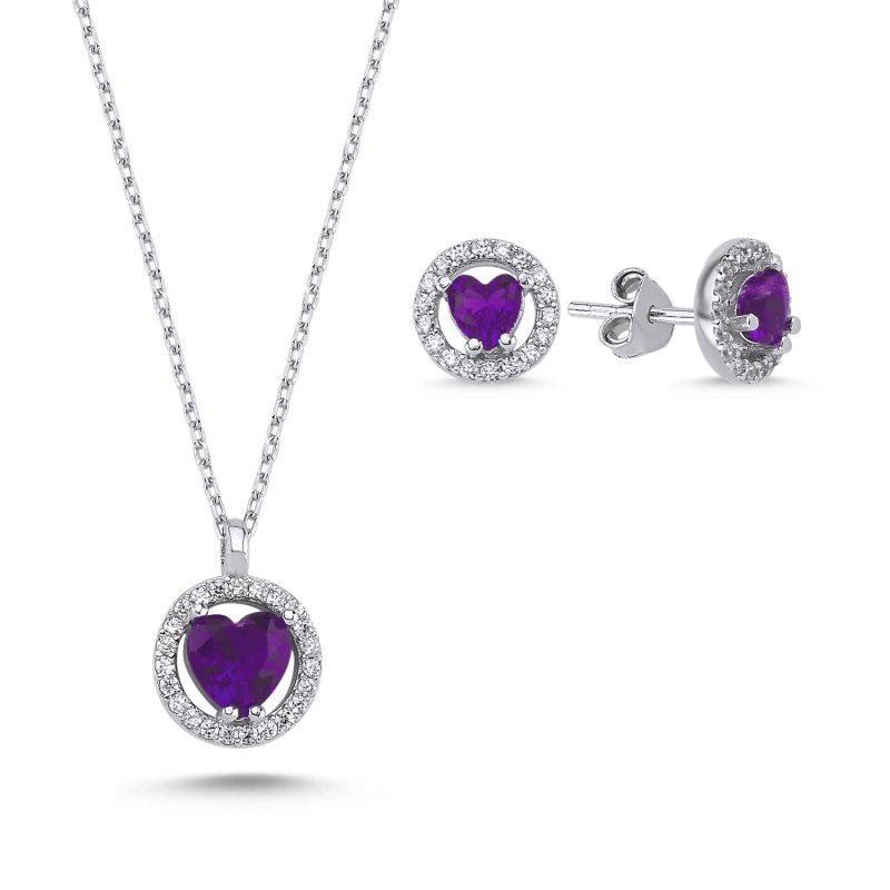 Heart Colored CZ Halo Solitaire Set - S102426