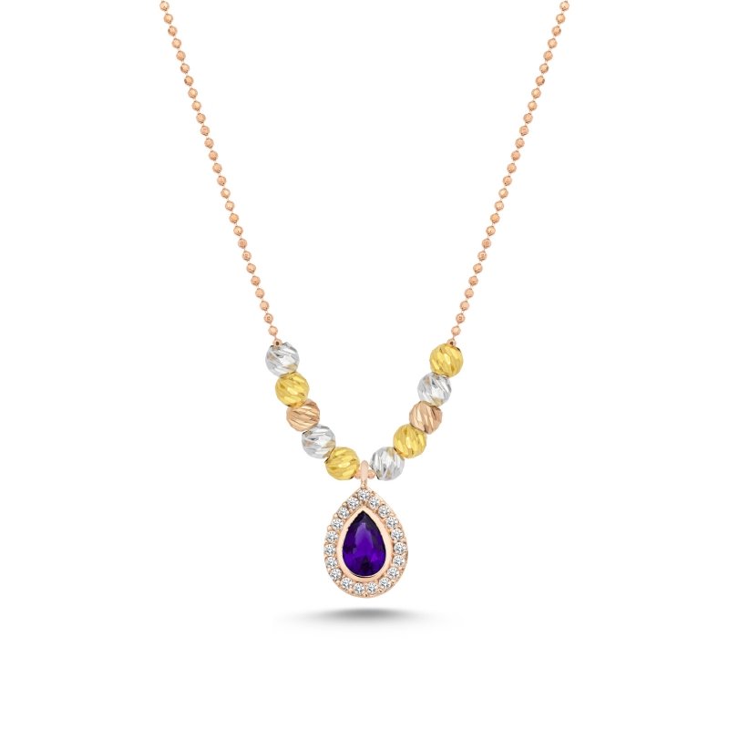 Diamond Cut Tricolor Ball & CZ Necklace - N102445