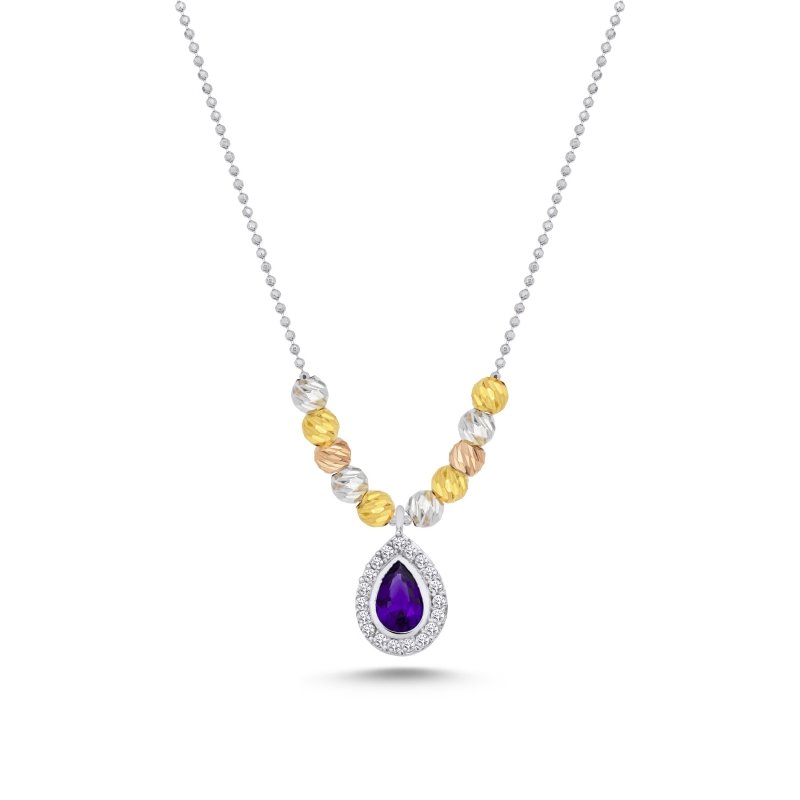 Diamond Cut Tricolor Ball & CZ Necklace - N102445