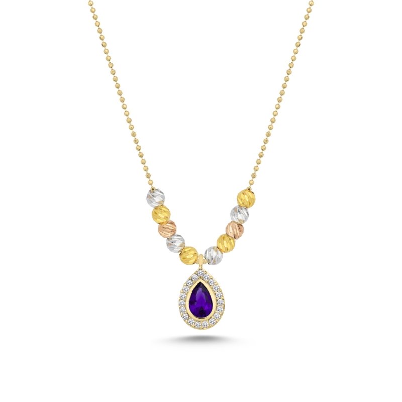 Diamond Cut Tricolor Ball & CZ Necklace - N102445
