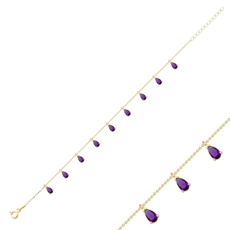 Teardrop Amethyst CZ Dangle Charm Bracelet - B102477