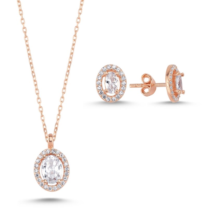 Oval Zirkon Taşlı Halo Tektaş Set - S102497