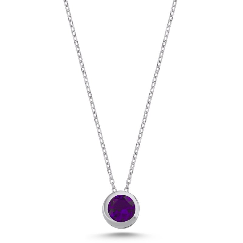 Round Solitaire Amethyst CZ Necklace - N102512