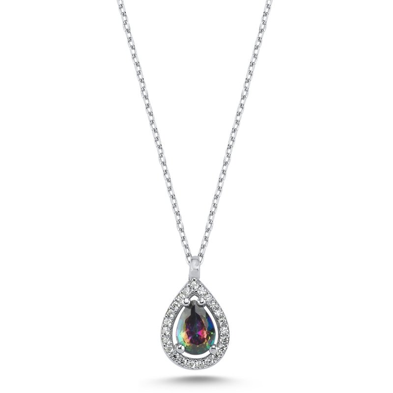 Teardrop Mystic Topaz CZ Halo Solitaire Necklace - N102527