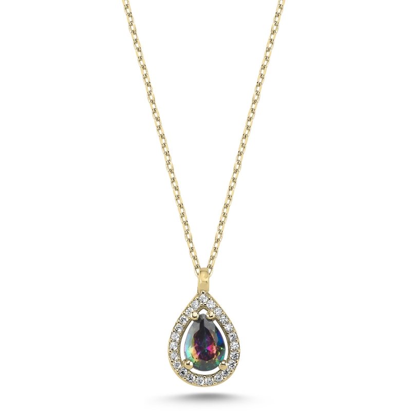 Teardrop Mystic Topaz CZ Halo Solitaire Necklace - N102527