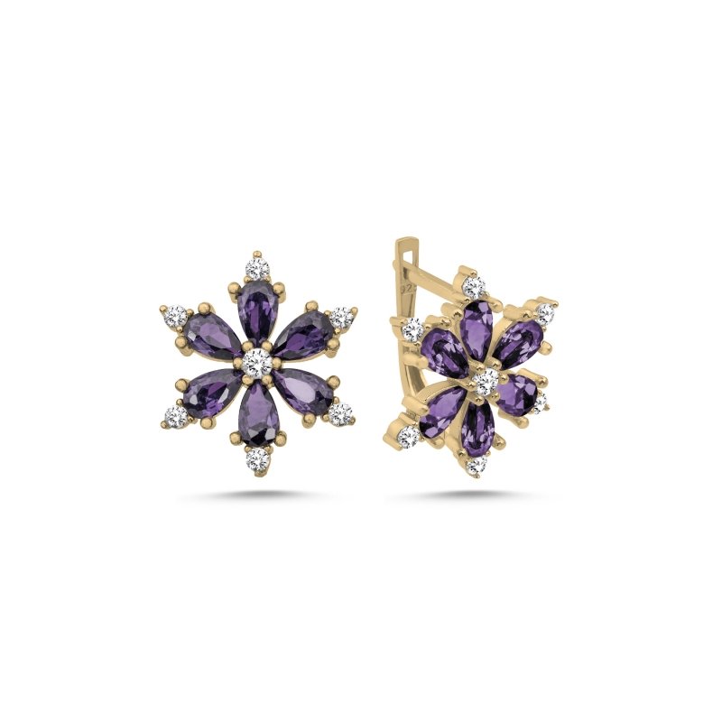 Lotus Flower Amethyst CZ Latch Back Earrings - E102544