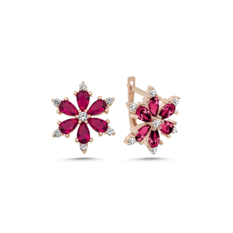 Lotus Flower Ruby CZ Latch Back Earrings - E102546