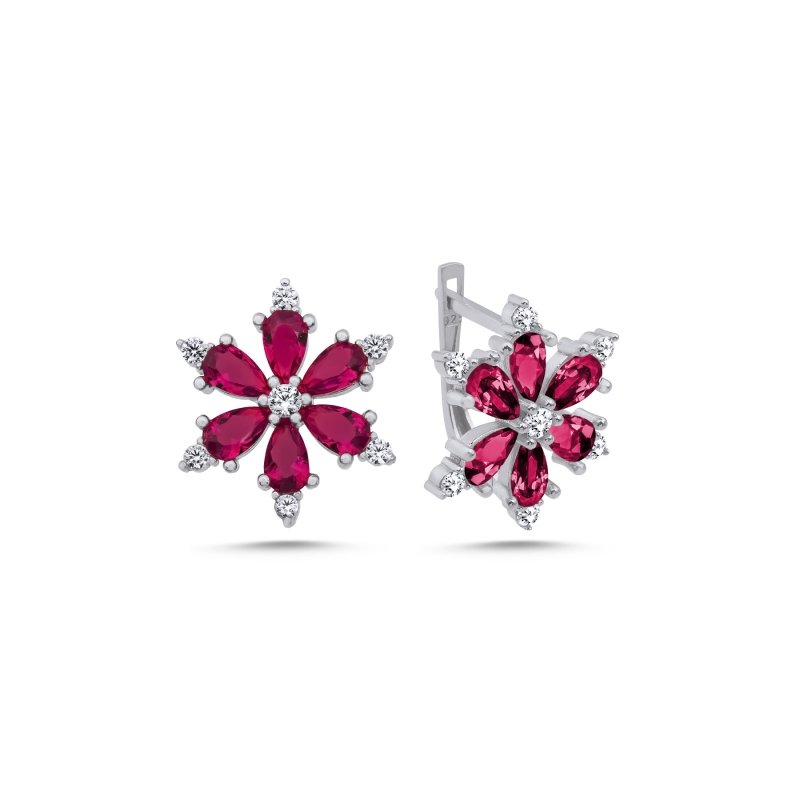 Lotus Flower Ruby CZ Latch Back Earrings - E102546