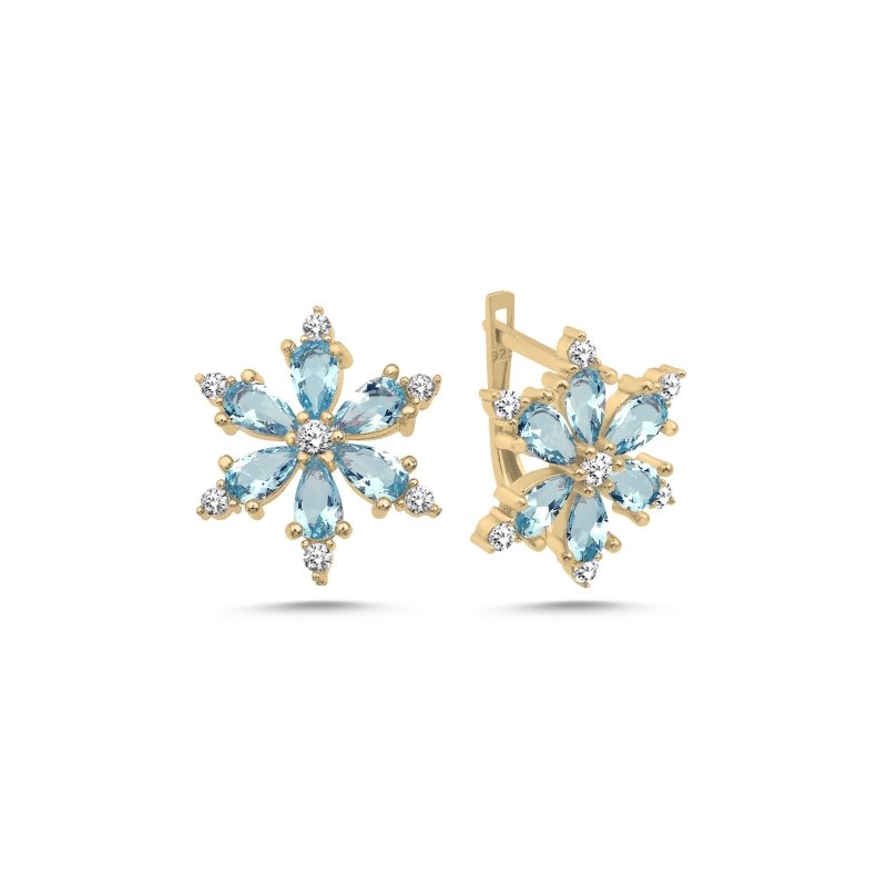 Lotus Flower Aquamarine CZ Latch Back Earrings - E102547