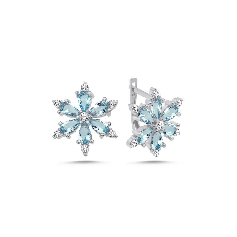 Lotus Flower Aquamarine CZ Latch Back Earrings - E102547