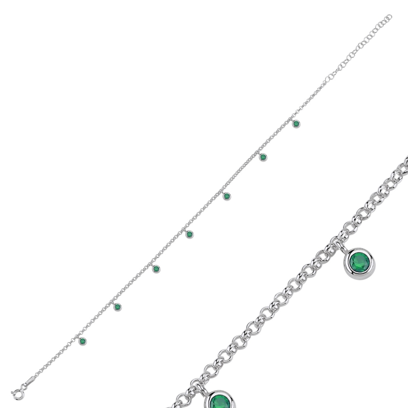 Emerald CZ Dangle Rolo Chain Charm Anklet - ANK103022
