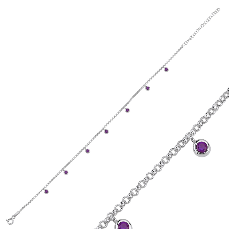 Amethyst CZ Dangle Rolo Chain Charm Anklet - ANK103023