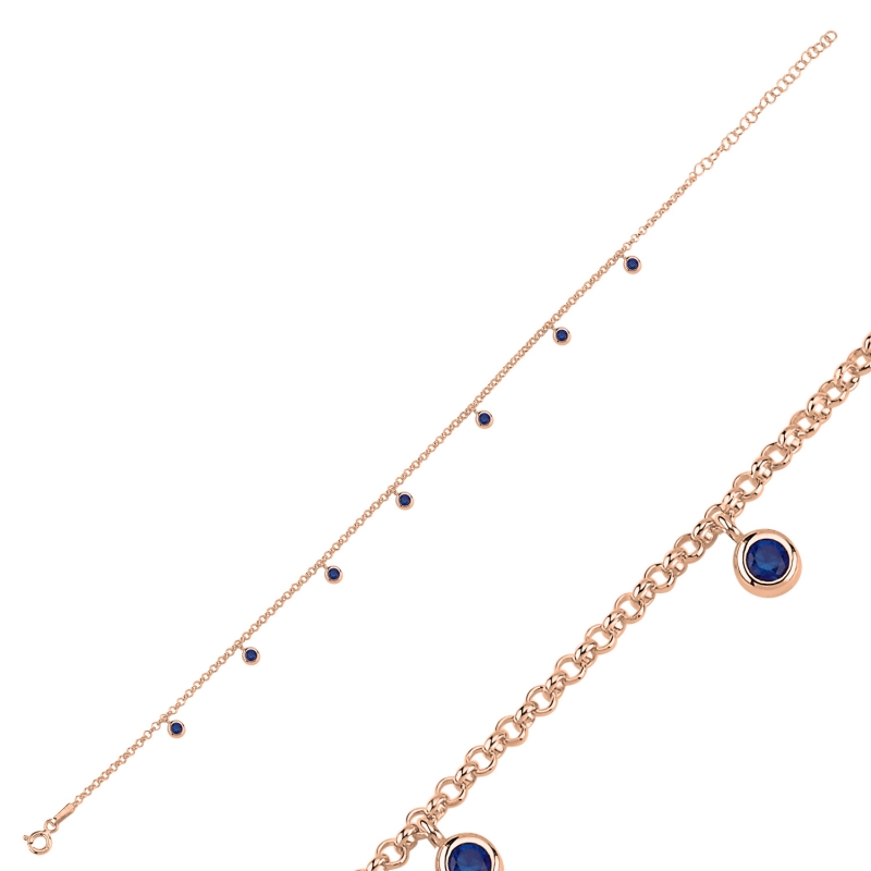 Sapphire CZ Dangle Rolo Chain Charm Anklet - ANK103024