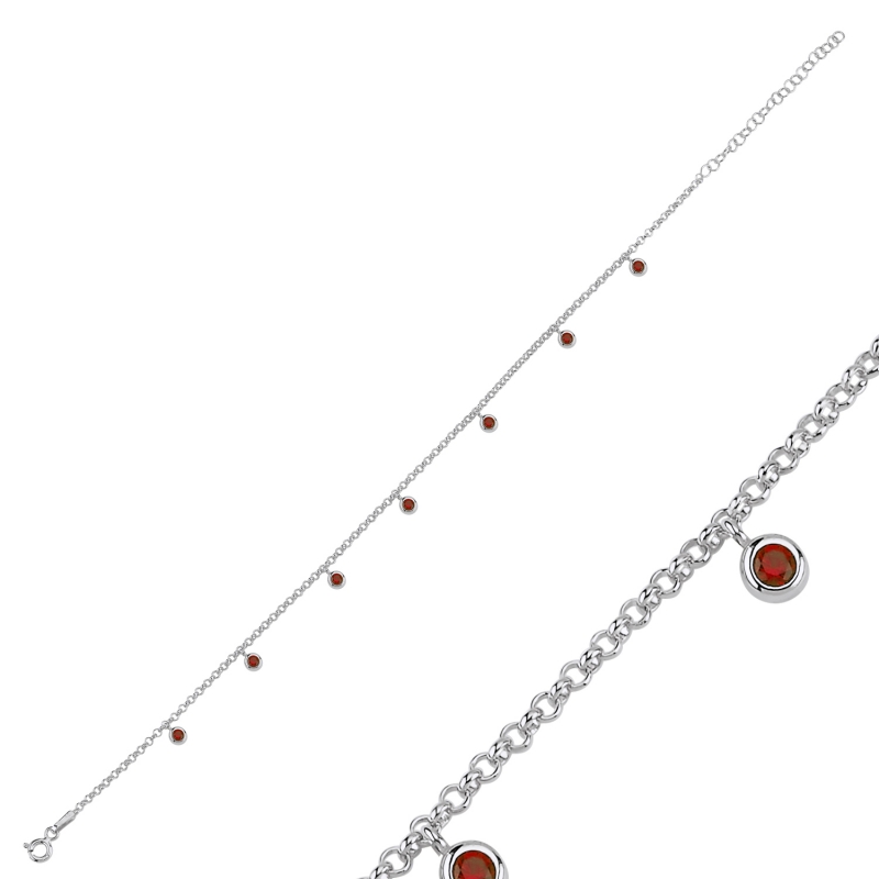 Garnet CZ Dangle Rolo Chain Charm Anklet - ANK103025