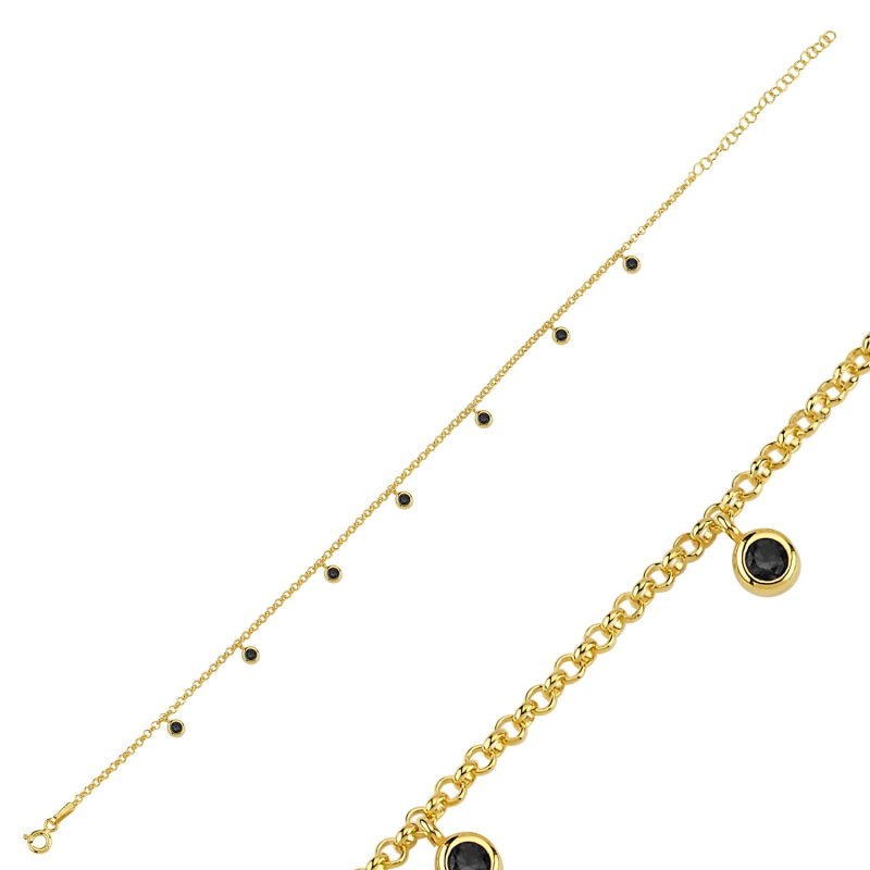 Black CZ Dangle Rolo Chain Charm Anklet - ANK103027