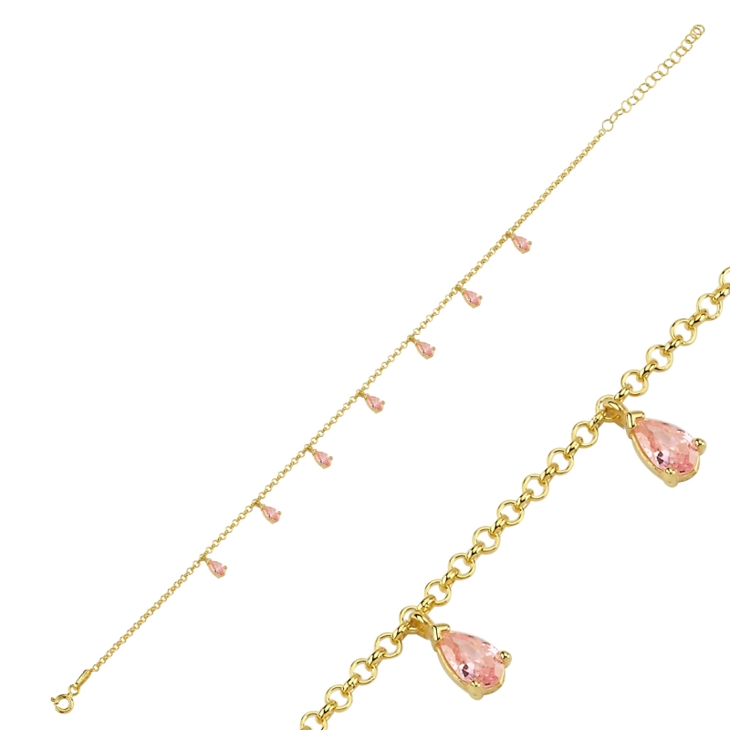 Pink CZ Dangle Rolo Chain Charm Anklet - ANK103029