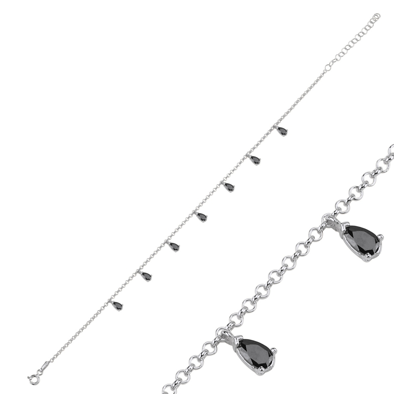 Black CZ Dangle Rolo Chain Charm Anklet - ANK103030