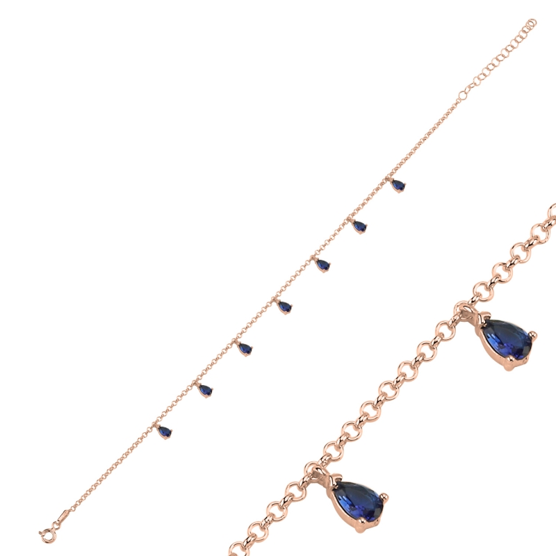 Sapphire CZ Dangle Rolo Chain Charm Anklet - ANK103032