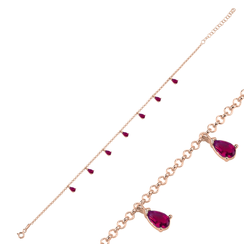 Ruby CZ Dangle Rolo Chain Charm Anklet - ANK103034