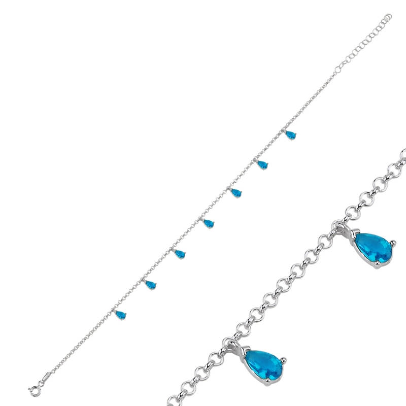 Aquamarine CZ Dangle Rolo Chain Charm Anklet - ANK103036