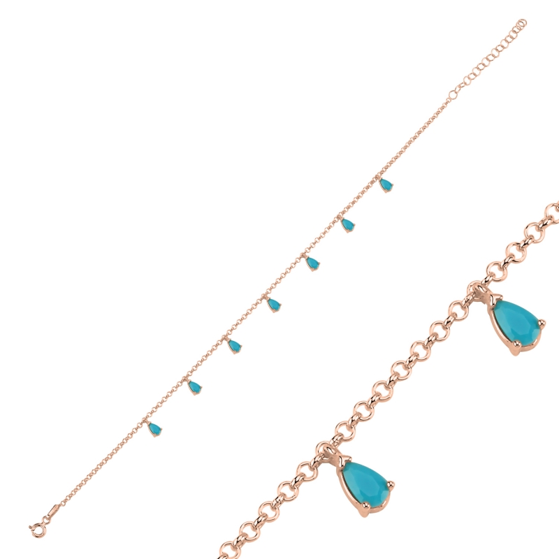 Nano Turquoise Dangle Rolo Chain Charm Anklet - ANK103038