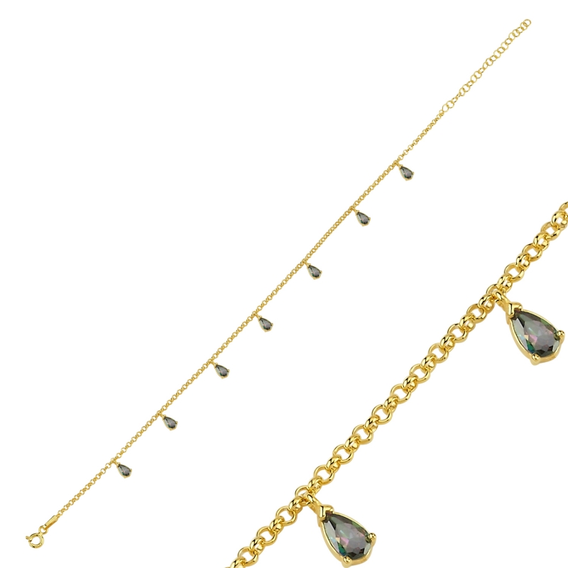 Mystic Topaz CZ Dangle Rolo Chain Charm Anklet - ANK103039